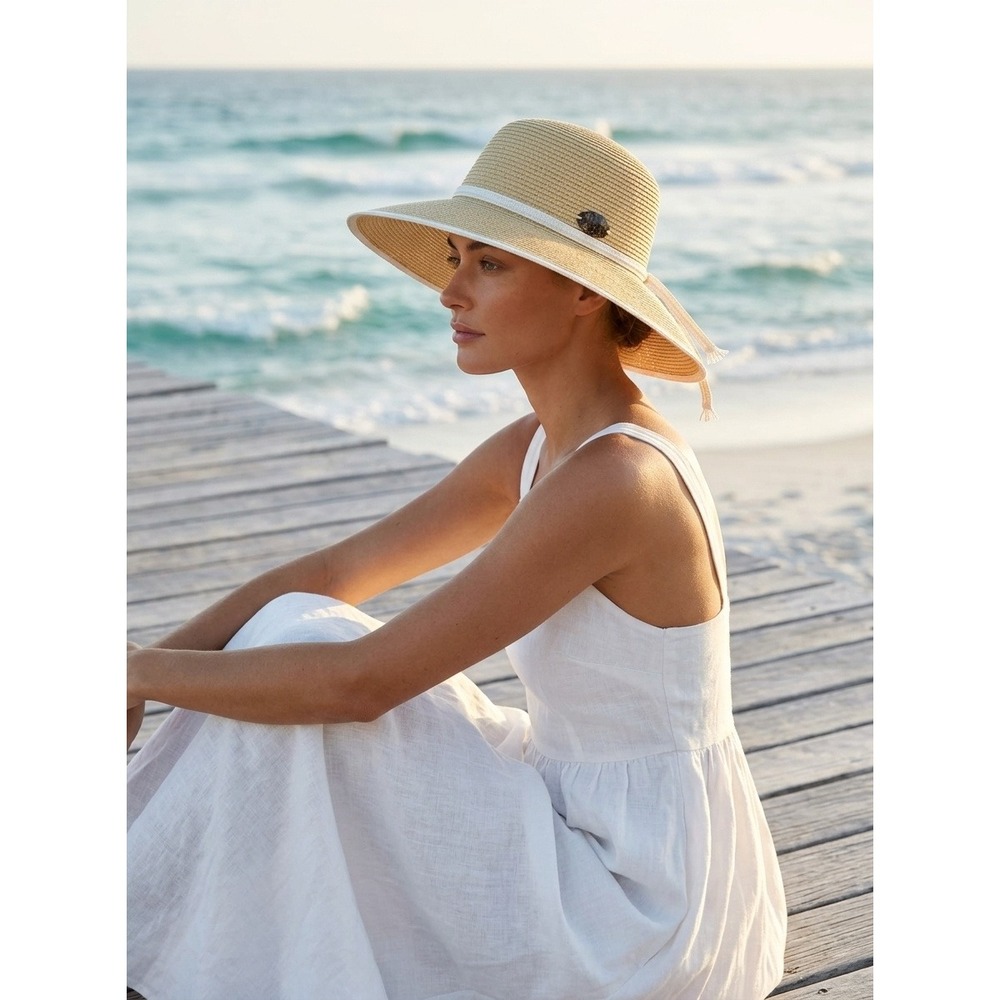 Panama Jack Womens Straw Sun Hat Tan White Braid Wide Brim Beach GCPJL556-ASST